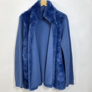 Roaman's Faux Fur Open Front Ribbed Knit Cardigan Womens 1X  Dusty Indigo Blue